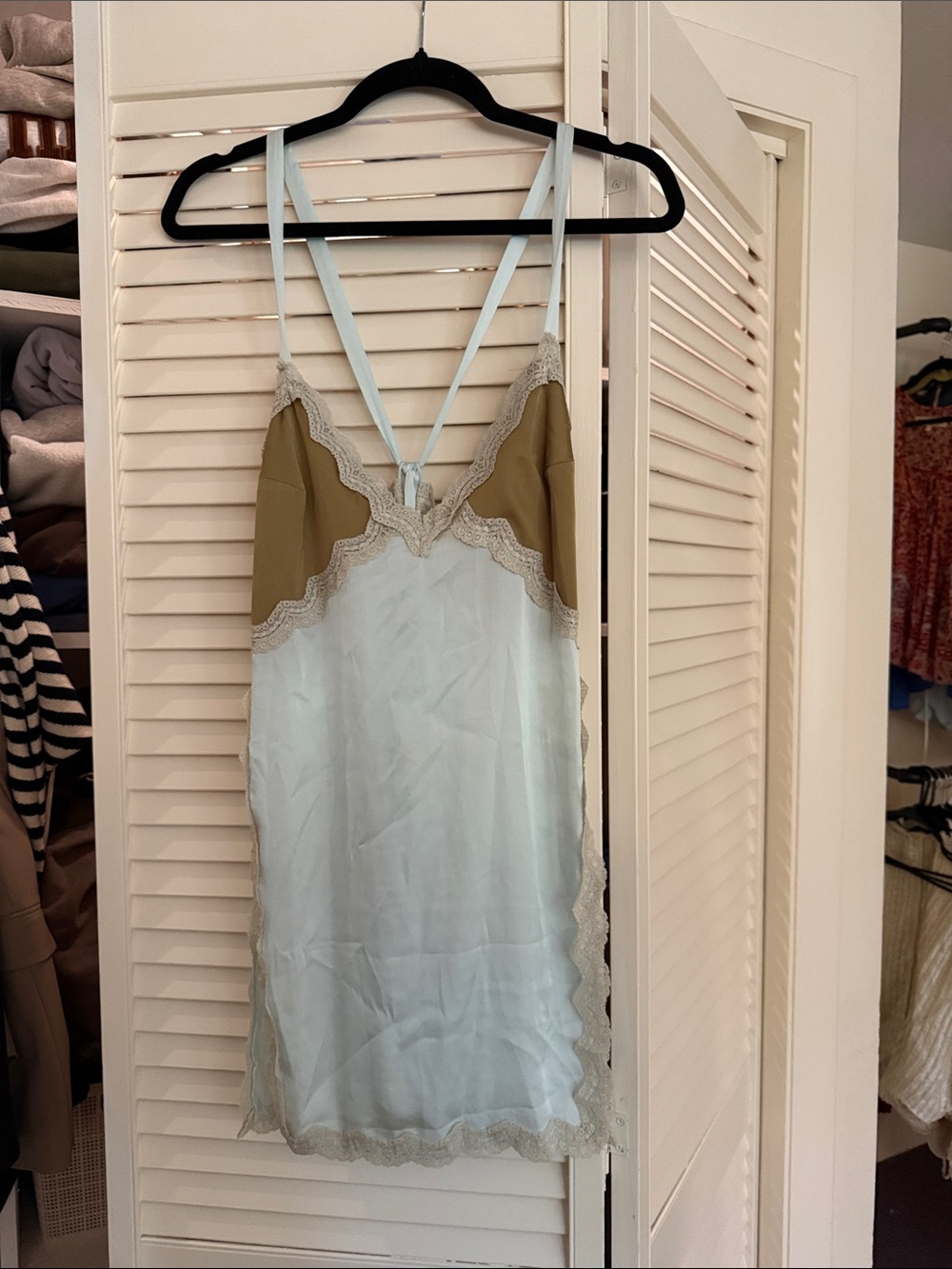 Free People Pale Blue Satin Slip with Olive Accents